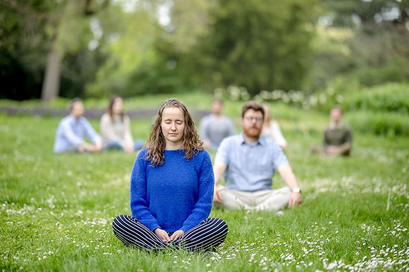 Eine Gruppe junger Meditierender sitzt mit geschlossenen Augen im Schneidersitz auf einer Wiese und meditiert