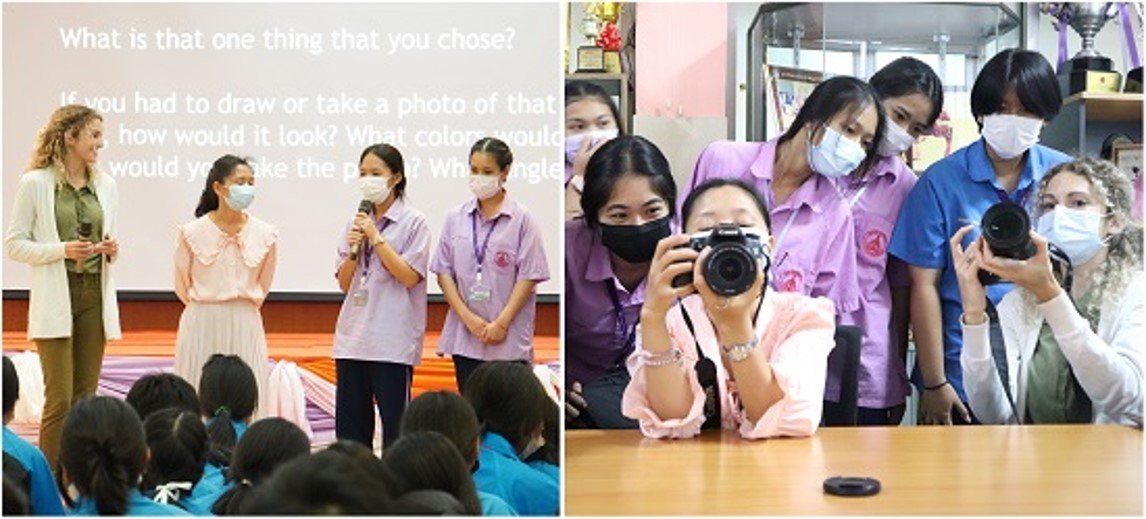 Thailändische Schülerinnen bei einem Fotografieworkshop