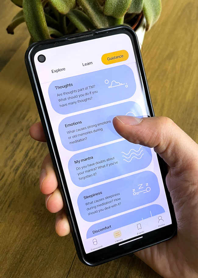 Über den Menüpunkt Guidance erhält der Benutzer über die TM-App viele Tipps für die eigene Meditation.